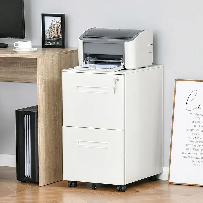 Vinsetto Rollcontainer Rollcontainer - Weiß, Anzahl Schubladen: 2 Stk. - Weißer Rollcontainer mit zwei Schubladen und Drucker darauf, ideal für das Heimbüro.