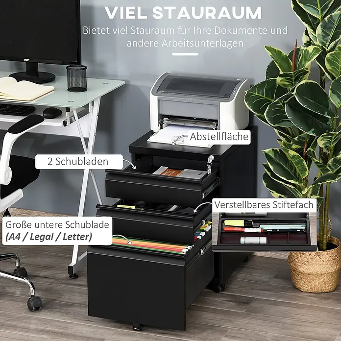 Vinsetto Rollcontainer Rollcontainer - Schwarz, Anzahl Schubladen: 3 Stk. - Schwarzer Rollcontainer mit Ablagefläche, zwei Schubladen und Stiftefach für Dokumente und Bürobedarf.
