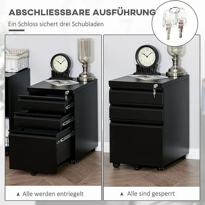 Vinsetto Rollcontainer Rollcontainer - Schwarz, Anzahl Schubladen: 3 Stk. - Schwarzer Aktenschrank mit 3 Schubladen auf Rollen, offen und geschlossen gezeigt. Ein Schloss sichert alle drei Schubladen; Schlüssel sind dabei.