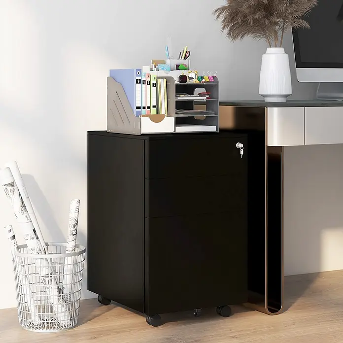 Vinsetto Rollcontainer Rollcontainer - Schwarz, Anzahl Schubladen: 3 Stk. - Schwarzer mobiler Rollcontainer aus Metall mit 3 Schubladen und Schloss unter einem Schreibtisch, mit Büroorganisatoren.