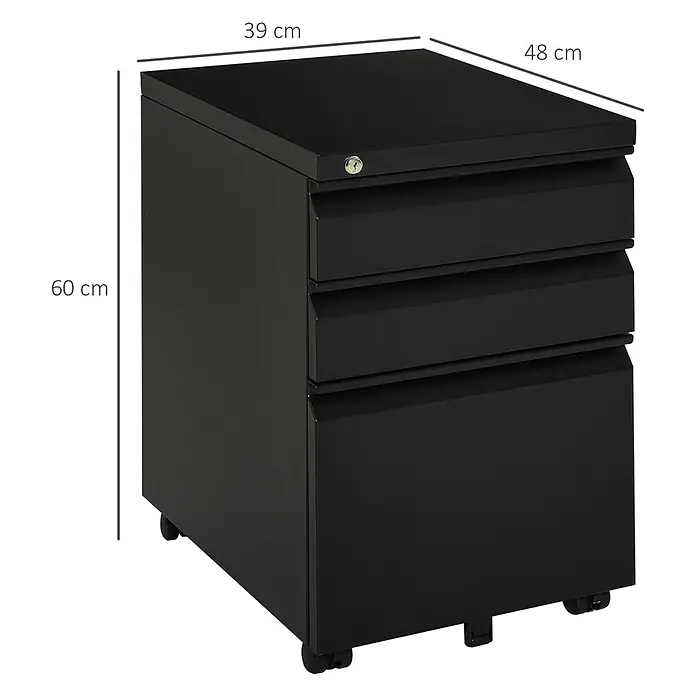 Vinsetto Rollcontainer Rollcontainer - Schwarz, Anzahl Schubladen: 3 Stk. - Schwarzer Metall-Rollcontainer mit 3 Schubladen und Schloss, auf Rollen.