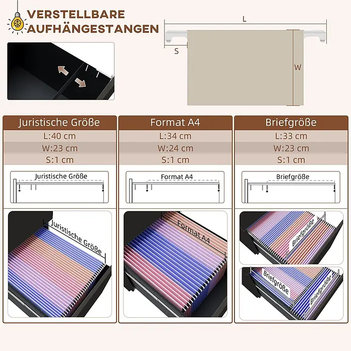 Vinsetto Rollcontainer Rollcontainer - Schwarz, Anzahl Schubladen: 3 Stk. - Verstellbare Hängeregisterstangen für Juristische Größe, A4 und Briefgröße, mit detaillierten Maßen und Anwendungsbeispielen im Schubfach.