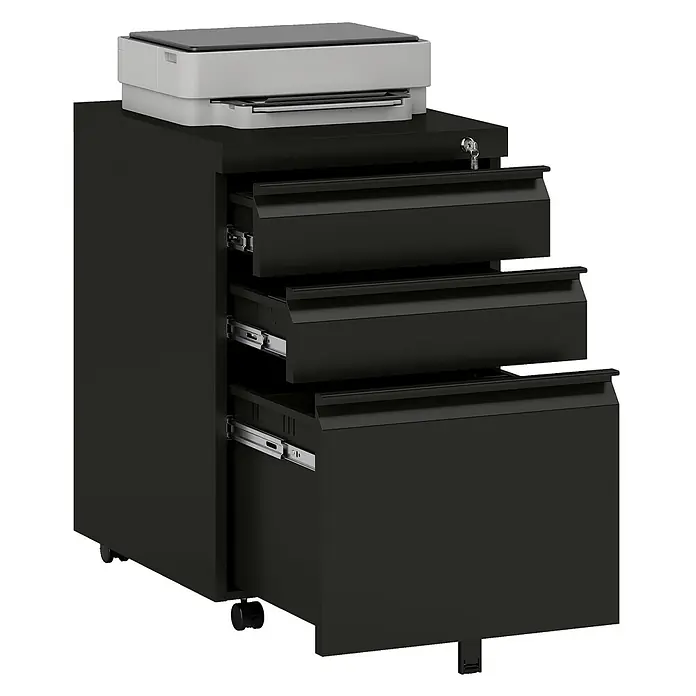 Vinsetto Rollcontainer Rollcontainer - Schwarz, Anzahl Schubladen: 3 Stk. - Schwarzer mobiler Aktenschrank mit drei Schubladen, die obere abschließbar mit Schlüssel, Drucker oben und Rollen.