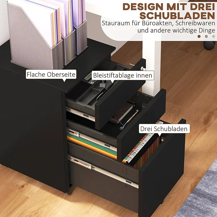 Vinsetto Rollcontainer Rollcontainer - Schwarz, Anzahl Schubladen: 3 Stk. - Schwarzer mobiler Rollcontainer mit drei Schubladen, flacher Oberseite und integrierter Bleistiftablage, gefüllt mit Akten.