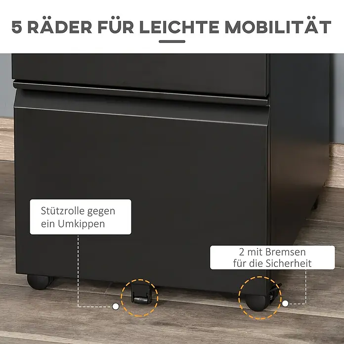 Vinsetto Rollcontainer Rollcontainer - Schwarz, Anzahl Schubladen: 3 Stk. - Schwarzer Aktenschrank mit 5 Rollen für Mobilität, darunter eine Kippschutzrolle und zwei feststellbare Bremsrollen.