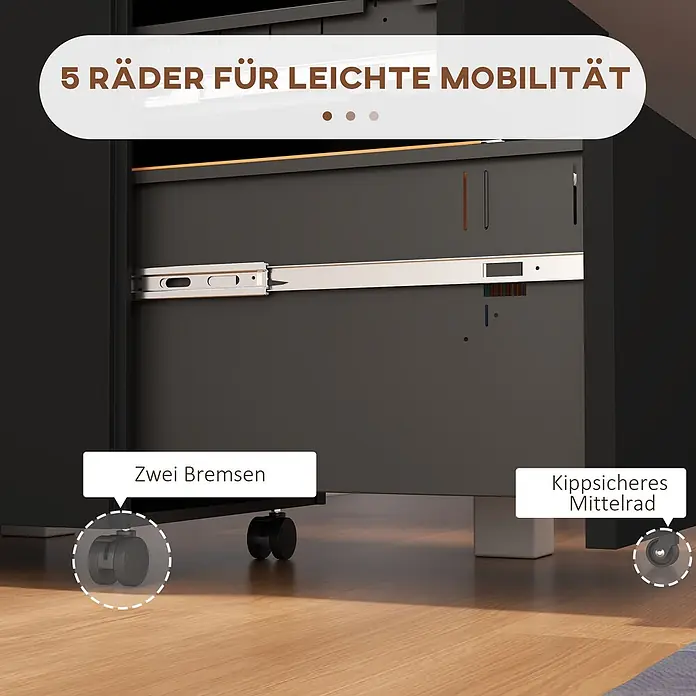 Vinsetto Rollcontainer Rollcontainer - Schwarz, Anzahl Schubladen: 3 Stk. - Dunkler Rollcontainer mit geöffneter Schublade, mit 5 Rollen, davon 2 mit Bremsen und einem kippsicheren Mittelrad für einfache, sichere Mobilität.