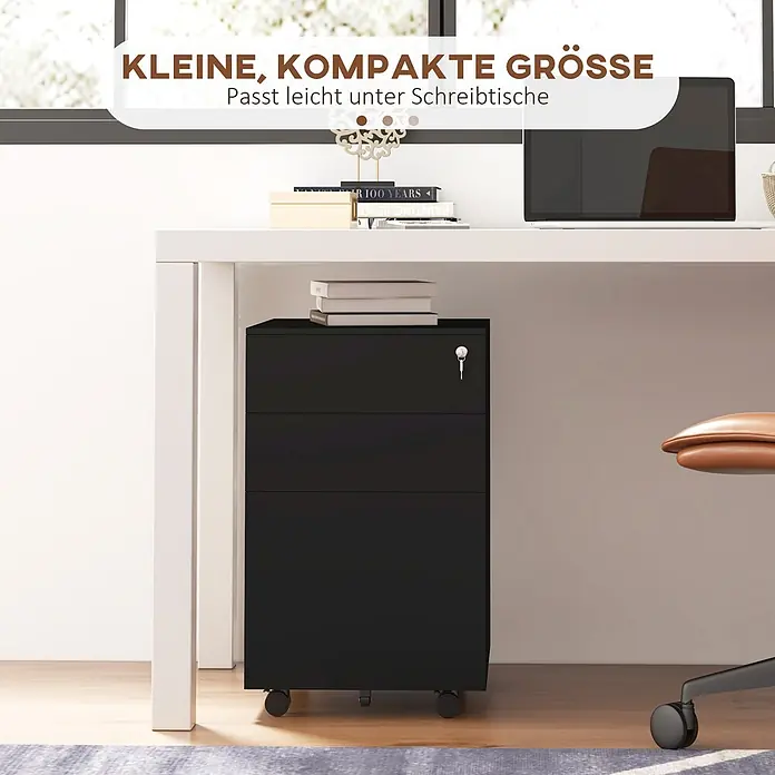 Vinsetto Rollcontainer Rollcontainer - Schwarz, Anzahl Schubladen: 3 Stk. - Kompakter schwarzer Rollcontainer mit 3 Schubladen und Schlüssel, unter dem Schreibtisch platziert.