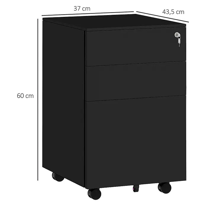 Vinsetto Rollcontainer Rollcontainer - Schwarz, Anzahl Schubladen: 3 Stk. - Schwarzer mobiler Rollcontainer mit 3 Schubladen, abschließbarer oberster Schublade mit Schlüsseln und Rollen. Maße: 37B x 43,5T x 60H cm.