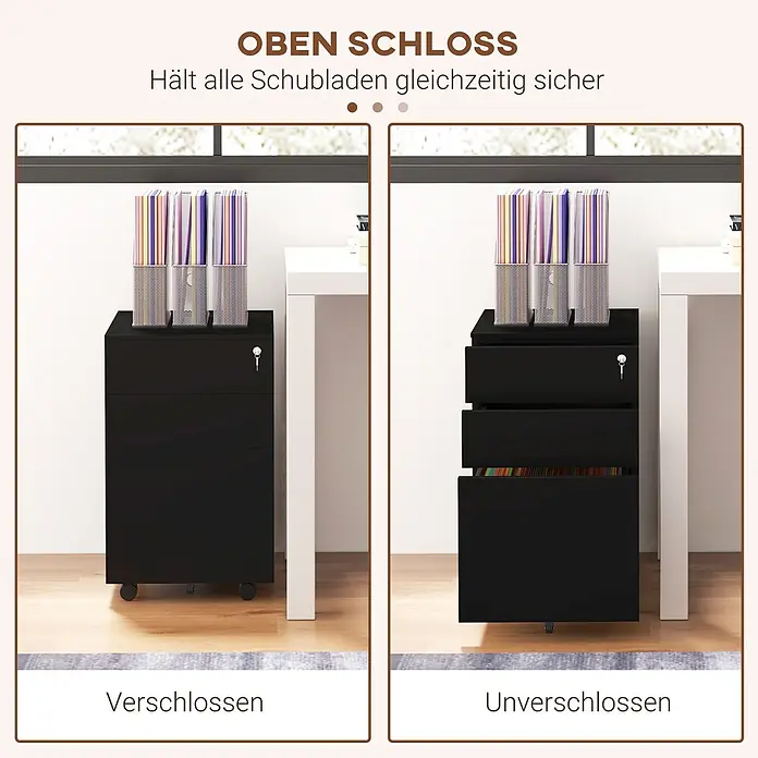 Vinsetto Rollcontainer Rollcontainer - Schwarz, Anzahl Schubladen: 3 Stk. - Schwarzer Aktenschrank mit 3 Schubladen, verriegelt und entriegelt, zeigt die gleichzeitige Schlossfunktion.