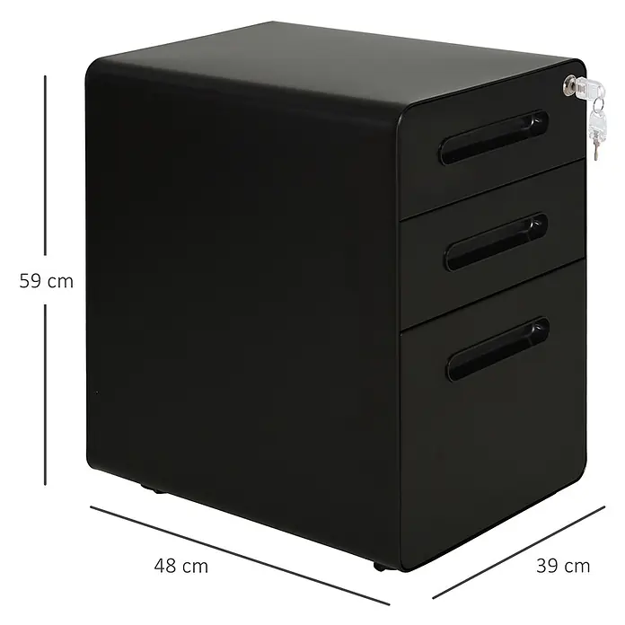 Vinsetto Rollcontainer Rollcontainer - Schwarz, Anzahl Schubladen: 3 Stk. - Schwarzer dreischübiger Aktenschrank aus Metall mit abgerundeten Ecken, Schloss und Schlüsseln.
