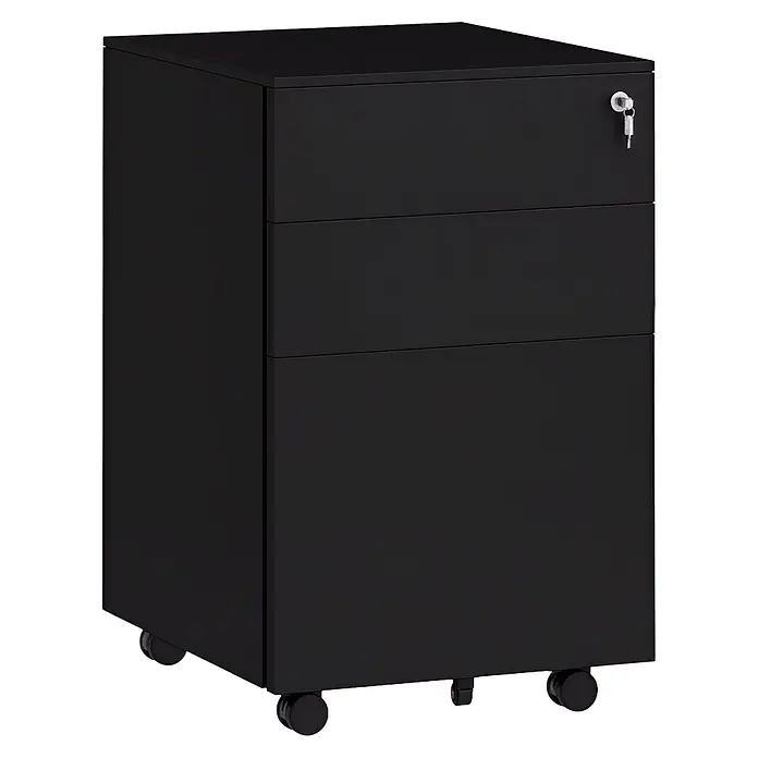 Vinsetto Rollcontainer Rollcontainer - Schwarz, Anzahl Schubladen: 3 Stk. - Schwarzer, abschließbarer Rollcontainer mit 3 Schubladen auf Rollen, mit Schlüsseln.