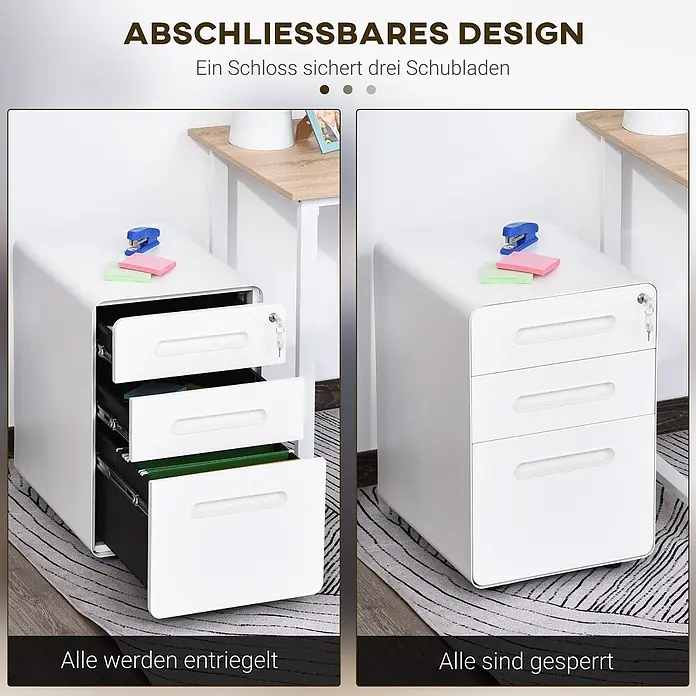 Vinsetto Rollcontainer Rollcontainer - Weiß, Anzahl Schubladen: 3 Stk. - Weißer, abschließbarer Dreischubladen-Aktenschrank, offen (entriegelt) und geschlossen (gesperrt) mit Schlüsseln gezeigt.