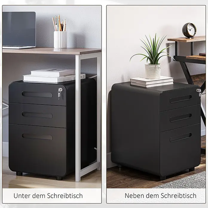 Vinsetto Rollcontainer Rollcontainer - Schwarz, Anzahl Schubladen: 3 Stk. - Schwarzer Rollcontainer mit 3 abschließbaren Schubladen und abgerundeten Kanten, unter und neben einem Schreibtisch gezeigt.