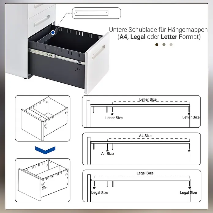 Vinsetto Rollcontainer Rollcontainer - Weiß, Anzahl Schubladen: 3 Stk. - Weißer Aktenschrank mit geöffneter dunkelgrauer Schublade, zeigt Konfiguration für A4, Legal oder Letter Hängemappen.