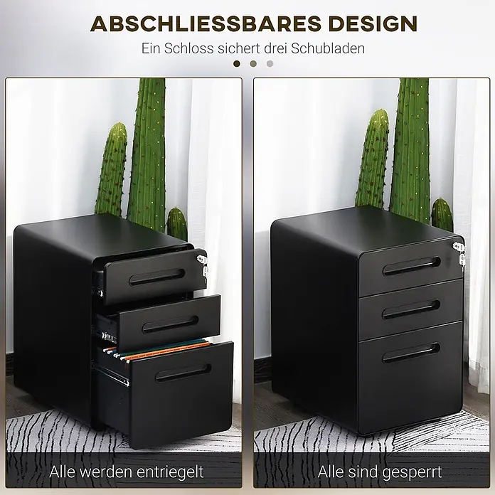 Vinsetto Rollcontainer Rollcontainer - Schwarz, Anzahl Schubladen: 3 Stk. - Schwarzer, abschließbarer Aktenschrank aus Metall mit 3 Schubladen und abgerundeten Kanten, gezeigt entriegelt und verriegelt.