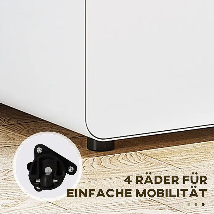 Vinsetto Rollcontainer Rollcontainer - Weiß, Anzahl Schubladen: 3 Stk. - Weißer Schrank mit schwarzen Füßen auf Holzfußboden, Detail einer Lenkrolle für einfache Mobilität.