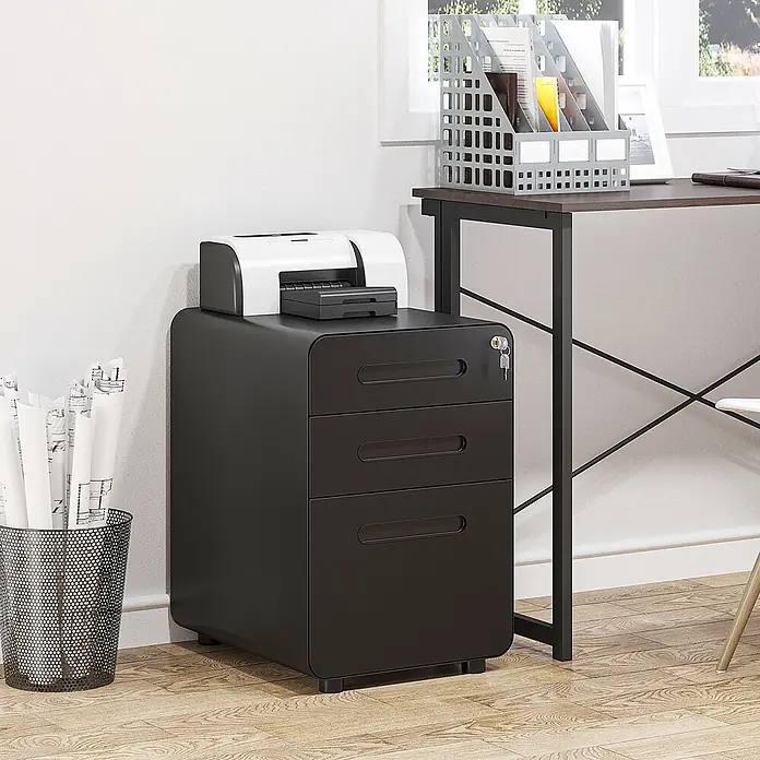 Vinsetto Rollcontainer Rollcontainer - Schwarz, Anzahl Schubladen: 3 Stk. - Schwarzer Metall-Rollcontainer mit 3 Schubladen und Drucker darauf, bietet mobilen Bürospeicher.