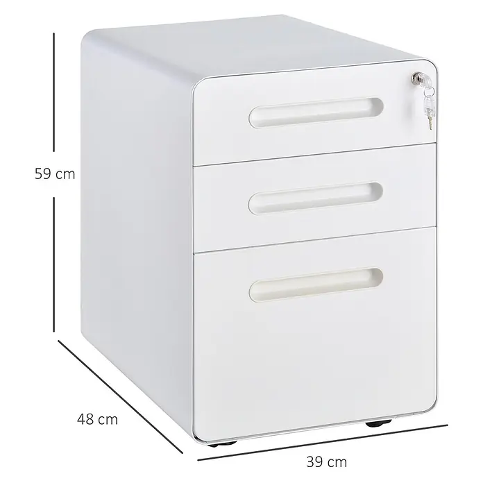 Vinsetto Rollcontainer Rollcontainer - Weiß, Anzahl Schubladen: 3 Stk. - Weißer Aktenschrank mit 3 Schubladen, abgerundeten Kanten und abschließbarer oberer Schublade.