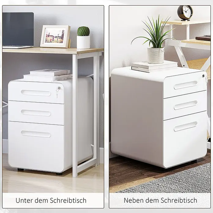 Vinsetto Rollcontainer Rollcontainer - Weiß, Anzahl Schubladen: 3 Stk. - Weißer 3-Schubladen-Aktenschrank mit integrierten Griffen und Schloss, unter und neben einem Schreibtisch.