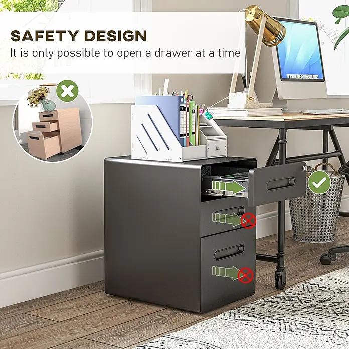 Vinsetto Rollcontainer Rollcontainer - Schwarz, Anzahl Schubladen: 3 Stk. - Dunkelgrauer Aktenschrank mit 3 Schubladen und Sicherheitsdesign, verhindert das gleichzeitige Öffnen mehrerer Schubladen im Büro.