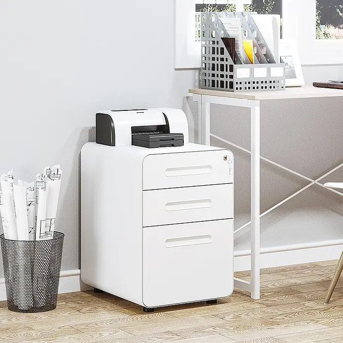 Vinsetto Rollcontainer Rollcontainer - Weiß, Anzahl Schubladen: 3 Stk. - Weißer Büroschrank mit 3 Schubladen, abgerundeten Ecken und Drucker oben, bietet vielseitigen Stauraum.