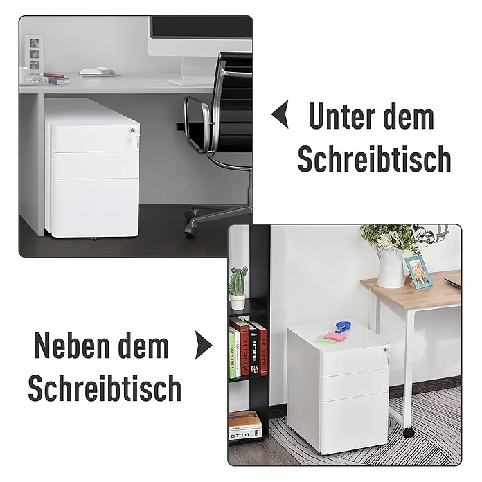 Vinsetto Rollcontainer Rollcontainer - Schwarz, Anzahl Schubladen: 2 Stk. - Weißer Rollcontainer mit 3 Schubladen unter und neben einem Schreibtisch.