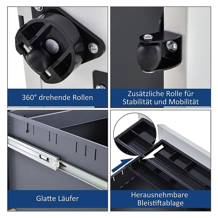 Vinsetto Rollcontainer Rollcontainer - Schwarz, Anzahl Schubladen: 2 Stk. - Mobile Aktenschrank-Merkmale: 360°-Rollen, Stabilitätsrad, leichtgängige Auszüge und herausnehmbare Stiftablage.