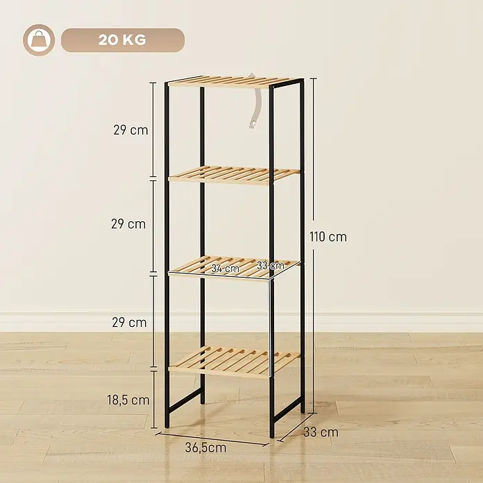 Homcom Holzregal - H x B x T: 110 x 33 x 33 cm, Traglast pro Boden: 2,5 kg, Anzahl Böden: 8 Stk., Schrauben, Naturholz - Ein 4-stufiges Standregal mit schwarzem Metallrahmen und hellen Lamellen-Holzböden. 110 cm hoch, 36,5 cm breit, 33 cm tief. Max. Belastung 20 KG.