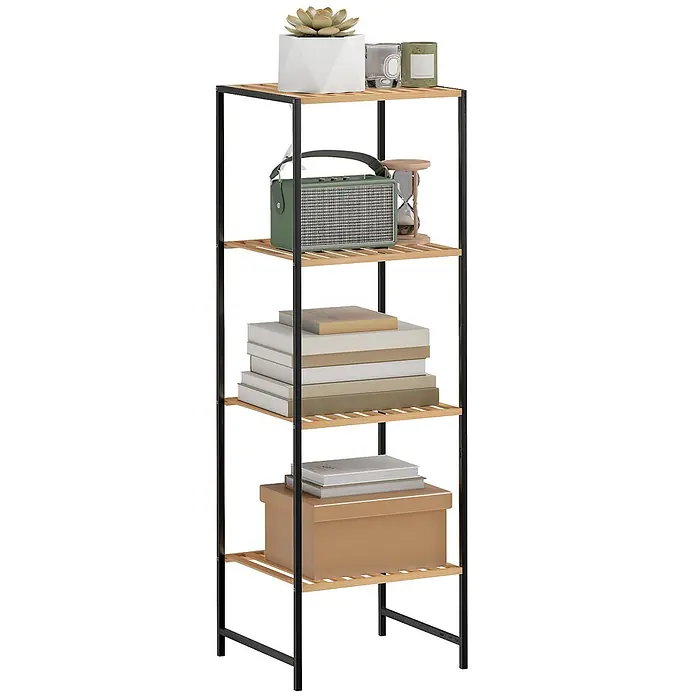 Homcom Holzregal - H x B x T: 110 x 33 x 33 cm, Traglast pro Boden: 2,5 kg, Anzahl Böden: 8 Stk., Schrauben, Naturholz - Ein hohes, schmales 5-stöckiges Regal mit schwarzem Metallrahmen und hellen Holzlattenböden, dekoriert mit Büchern, einer Pflanze und Dekoartikeln.