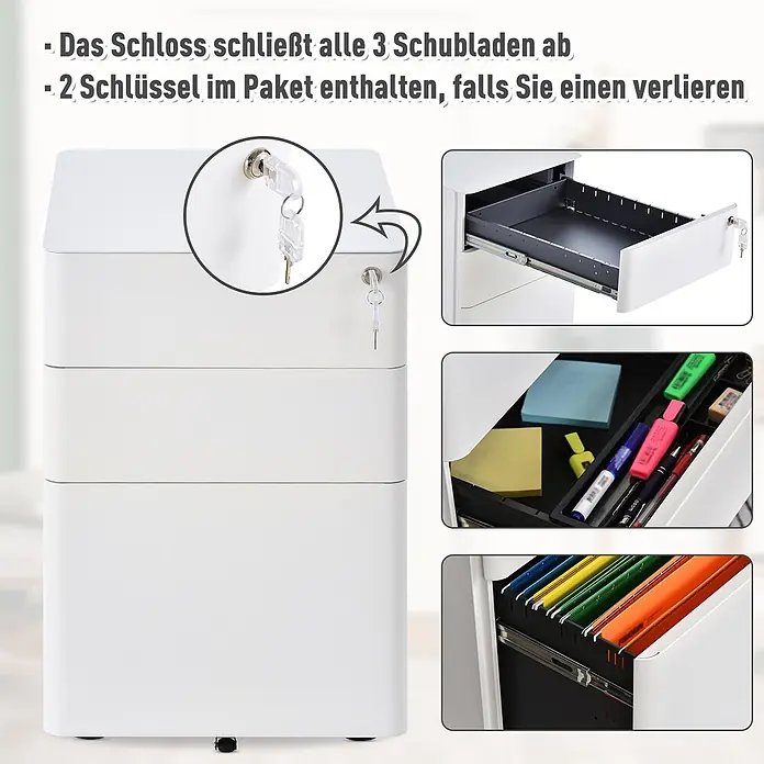 Vinsetto Rollcontainer Rollcontainer - Schwarz, Anzahl Schubladen: 2 Stk. - Weißer 3-Schubladen-Aktenschrank mit Schloss, zeigt Schlüssel und interne Organisation für Büromaterial und Hängeregister.