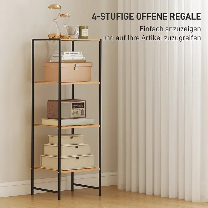 Homcom Holzregal - H x B x T: 110 x 33 x 33 cm, Traglast pro Boden: 2,5 kg, Anzahl Böden: 8 Stk., Schrauben, Naturholz - Vierstufiges offenes Regal mit schwarzem Metallgestell und hellen Holzregalböden zur Präsentation und einfachen Zugänglichkeit.
