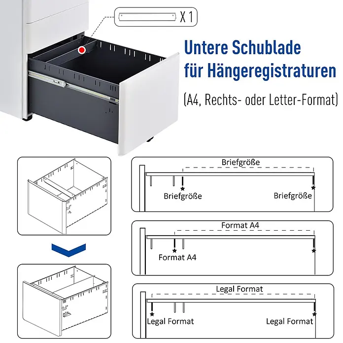 Vinsetto Rollcontainer Rollcontainer - Schwarz, Anzahl Schubladen: 2 Stk. - Weiße Aktenbox mit geöffneter grauer Schublade und Montageanleitung für Hängeregistraturen (A4, Legal, Letter).