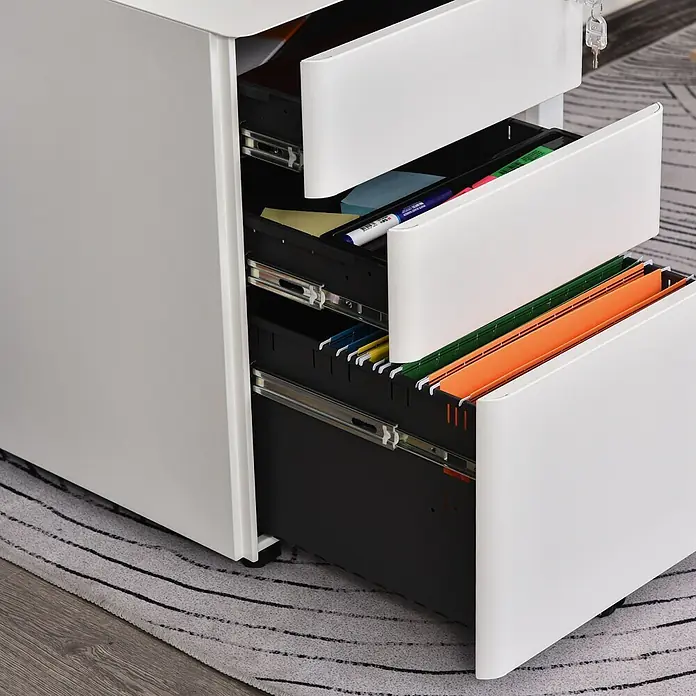 Vinsetto Rollcontainer Rollcontainer - Schwarz, Anzahl Schubladen: 2 Stk. - Weißer Metall-Aktenschrank mit 3 Schubladen, offen mit Büromaterial und farbigen Hängeregistern.