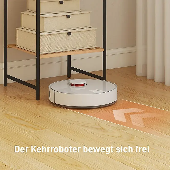 Homcom Holzregal - H x B x T: 110 x 33 x 33 cm, Traglast pro Boden: 2,5 kg, Anzahl Böden: 8 Stk., Schrauben, Naturholz - Weißer Saugroboter mit rotem Obersensor bewegt sich frei auf Holzboden unter einem Regal.