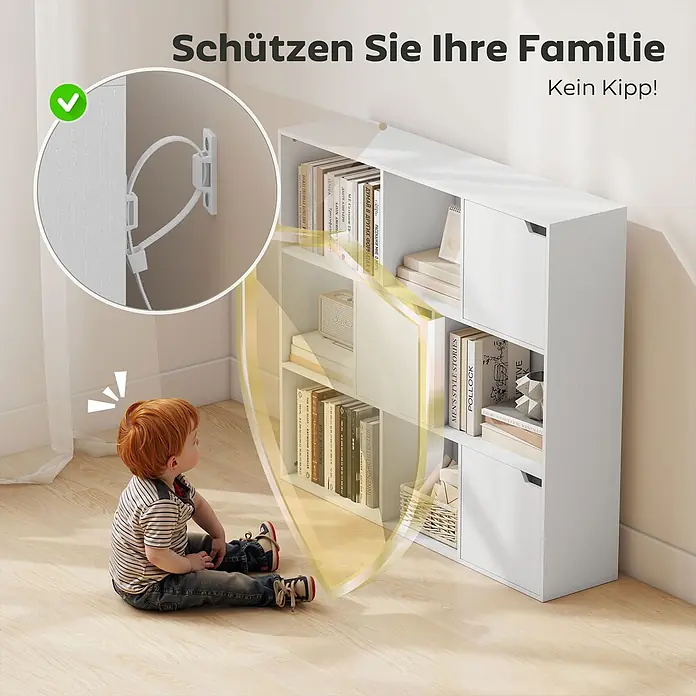 Homcom Holzregal - Traglast pro Boden: 4 kg, Anzahl Böden: 2 Stk., Nageln, Weiß - Weißer Kippschutzgurt sichert weißes Bücherregal an der Wand, verhindert Kippen für Kindersicherheit.