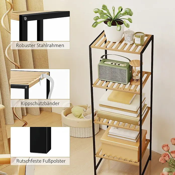Homcom Holzregal - H x B x T: 110 x 33 x 33 cm, Traglast pro Boden: 2,5 kg, Anzahl Böden: 8 Stk., Schrauben, Naturholz - Hohes, schmales Regal mit hellen Holzablagen und schwarzem Metallrahmen, mit robuster Konstruktion, Kippschutzbändern und rutschfesten Füßen.