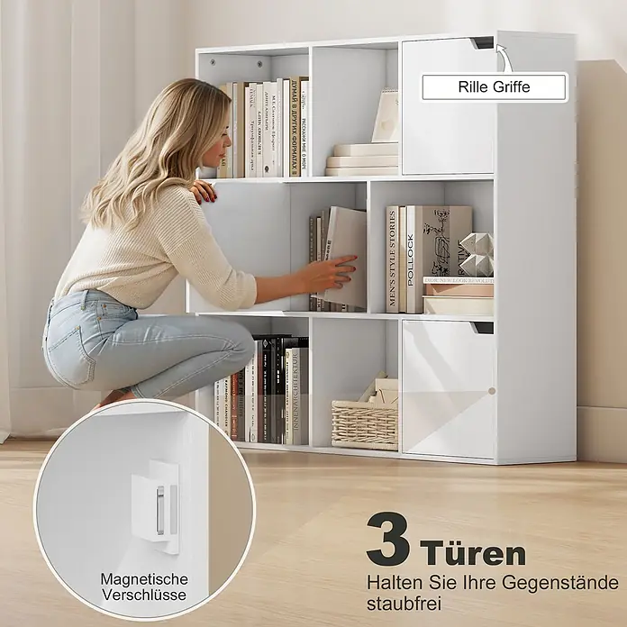 Homcom Holzregal - Traglast pro Boden: 4 kg, Anzahl Böden: 2 Stk., Nageln, Weiß - Weißes modulares Regal mit integrierten Griffmulden und Magnetverschlüssen, bietet staubfreie Aufbewahrung mit 3 Türen.