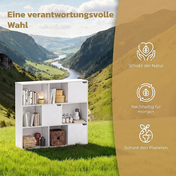 Homcom Holzregal - Traglast pro Boden: 4 kg, Anzahl Böden: 2 Stk., Nageln, Weiß - Weißes modulares Regal mit Büchern und Deko, auf Gras in einem Bergtal.