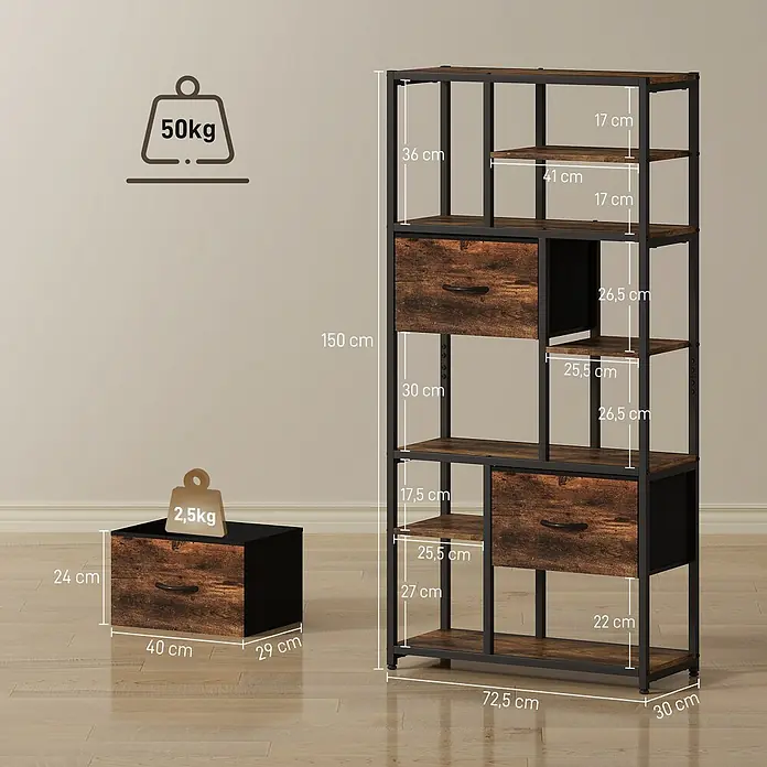 Homcom Holzregal - H x B x T: 150 x 30 x 30 cm, Traglast pro Boden: 2,5 kg, Anzahl Böden: 10 Stk., Schrauben, Rustikal-Braun - Industrielles Bücherregal in Rostbraun und Schwarzmetall, mit Regalen und Stoffschubladen, gezeigt mit passender Aufbewahrungsbox. Maße und Belastbarkeit sind angegeben.