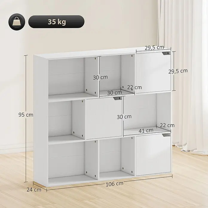 Homcom Holzregal - Traglast pro Boden: 4 kg, Anzahl Böden: 2 Stk., Nageln, Weiß - Weißes modulares Bücherregal mit offenen und geschlossenen Fächern. Maße: 95x106x24 cm (HxBxT), Gesamtgewicht 35 kg.