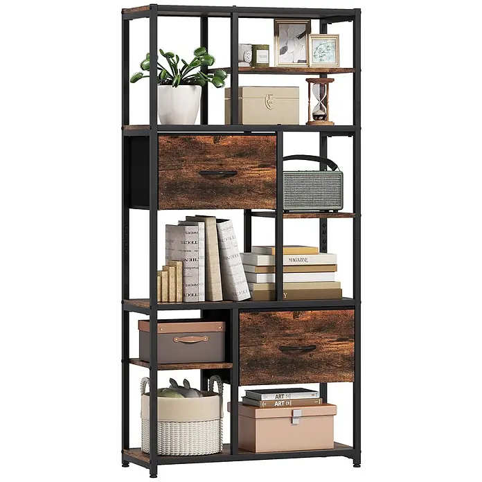 Homcom Holzregal - H x B x T: 150 x 30 x 30 cm, Traglast pro Boden: 2,5 kg, Anzahl Böden: 10 Stk., Schrauben, Rustikal-Braun - Hohes Industrial-Bücherregal mit schwarzem Metallrahmen, rustikalen Holzregalen, offenen Fächern, zwei Stoffschubladen und Aufbewahrungsboxen.