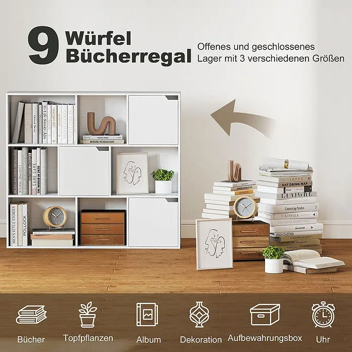 Homcom Holzregal - Traglast pro Boden: 4 kg, Anzahl Böden: 2 Stk., Nageln, Weiß - Weißes 9-Würfel-Bücherregal mit offenen und geschlossenen Fächern, das Bücher, Pflanzen und Dekorationen aufbewahrt.
