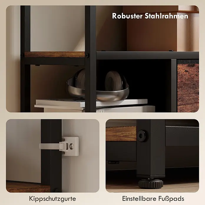 Homcom Holzregal - H x B x T: 150 x 30 x 30 cm, Traglast pro Boden: 2,5 kg, Anzahl Böden: 10 Stk., Schrauben, Rustikal-Braun - Regal aus schwarzem Metall und braunem Holz mit robustem Stahlrahmen, Kippschutzgurten und verstellbaren Füßen.