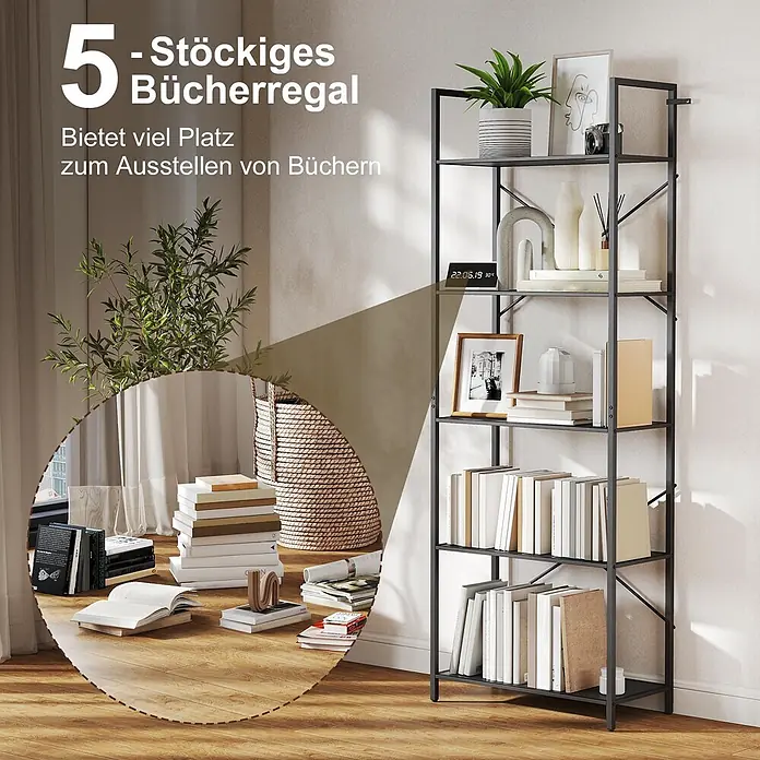 Homcom Holzregal - H x B x T: 170,5 x 30 x 30 cm, Traglast pro Boden: 10 kg, Anzahl Böden: 5 Stk., Schrauben, Schwarz - Schwarzes 5-stöckiges Metallregal mit Büchern und Dekoartikeln in einem modernen Wohnraum.