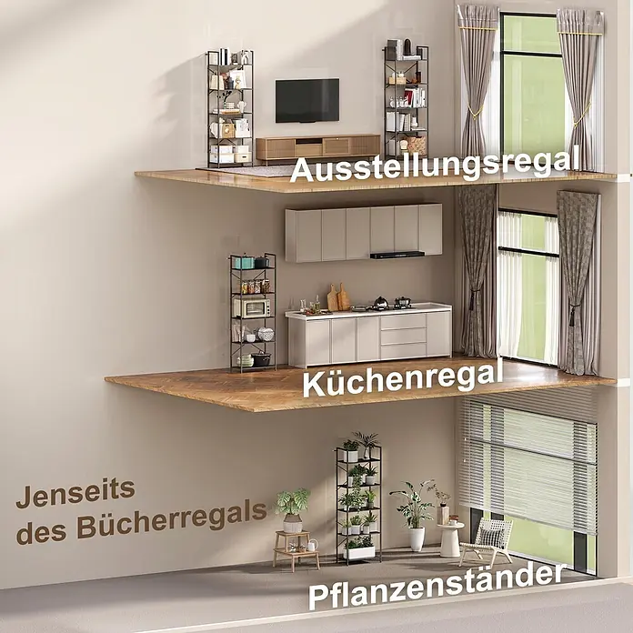Homcom Holzregal - H x B x T: 170,5 x 30 x 30 cm, Traglast pro Boden: 10 kg, Anzahl Böden: 5 Stk., Schrauben, Schwarz - Vielseitiges schwarzes Metallregal als Ausstellungsregal, Küchenorganizer und Pflanzenständer.