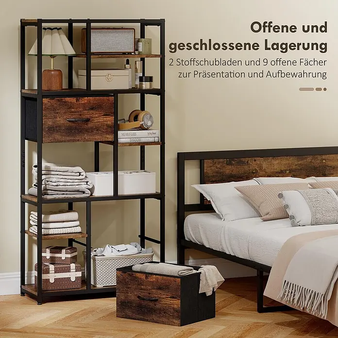 Homcom Holzregal - H x B x T: 150 x 30 x 30 cm, Traglast pro Boden: 2,5 kg, Anzahl Böden: 10 Stk., Schrauben, Rustikal-Braun - Hohes Industrie-Bücherregal mit schwarzem Metallrahmen und rustikalbraunen Ablagen, bietet offenen Stauraum und Stoffschubladen im Schlafzimmer.