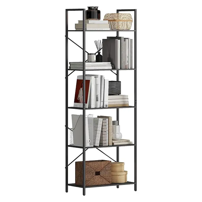 Homcom Holzregal - H x B x T: 170,5 x 30 x 30 cm, Traglast pro Boden: 10 kg, Anzahl Böden: 5 Stk., Schrauben, Schwarz - Modernes schwarzes Metallregal mit fünf dunklen Holz-Optik-Ablagen, gefüllt mit Büchern und Dekoartikeln.