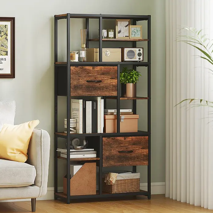 Homcom Holzregal - H x B x T: 150 x 30 x 30 cm, Traglast pro Boden: 2,5 kg, Anzahl Böden: 10 Stk., Schrauben, Rustikal-Braun - Industrielles Bücherregal mit schwarzem Metallrahmen, rustikalen Holzregalböden und zwei großen Stoffschubladen zur Aufbewahrung.