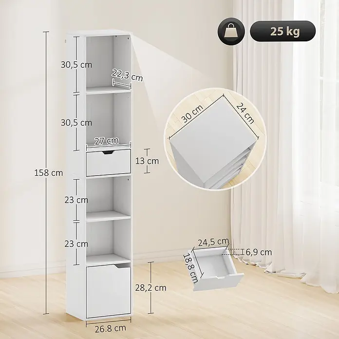 Homcom Holzregal - H x B x T: 158 x 24 x 24 cm, Traglast pro Boden: 5 kg, Anzahl Böden: 5 Stk., Schrauben, Weiß - Hohes, weißes Holz-Aufbewahrungsregal mit mehreren offenen Fächern, einer Schublade und einem unteren Schrank. Maße sind eingeblendet.