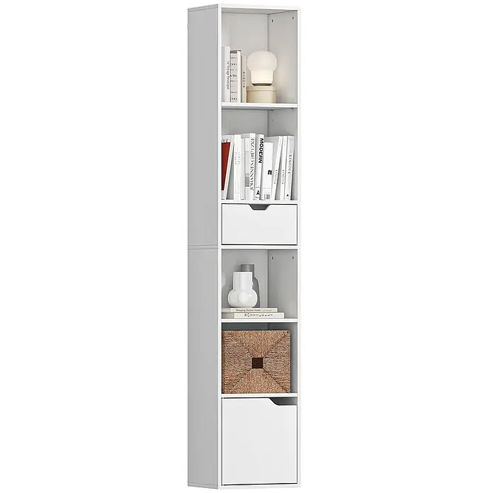Homcom Holzregal - H x B x T: 158 x 24 x 24 cm, Traglast pro Boden: 5 kg, Anzahl Böden: 5 Stk., Schrauben, Weiß - Hohes weißes Regal mit offenen Fächern, zwei Schubladen und einem geflochtenen Korb.